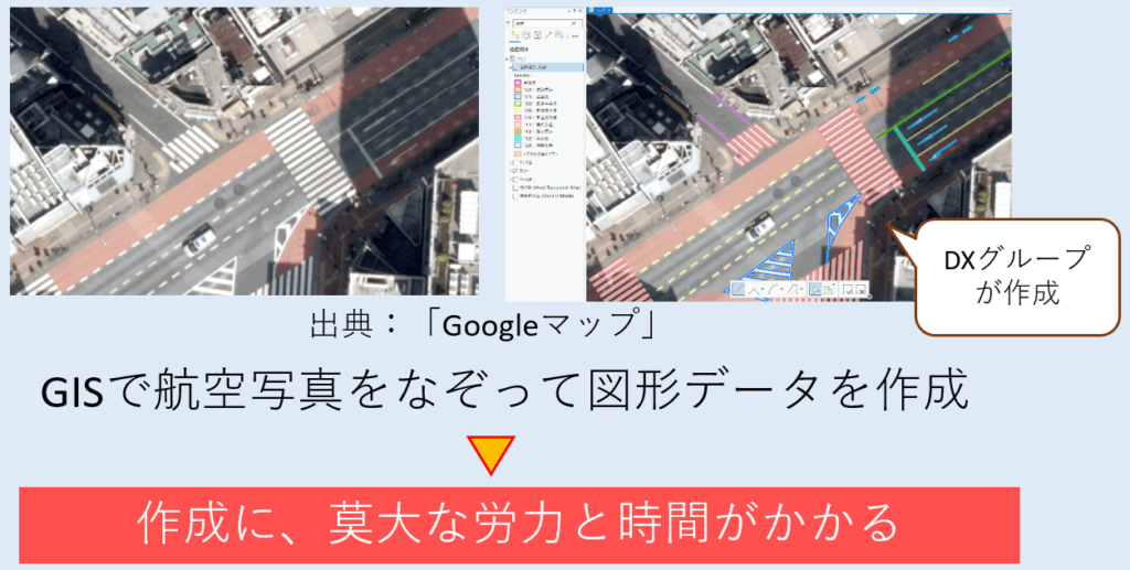 GISで航空写真から図形データを作成する作業の説明図