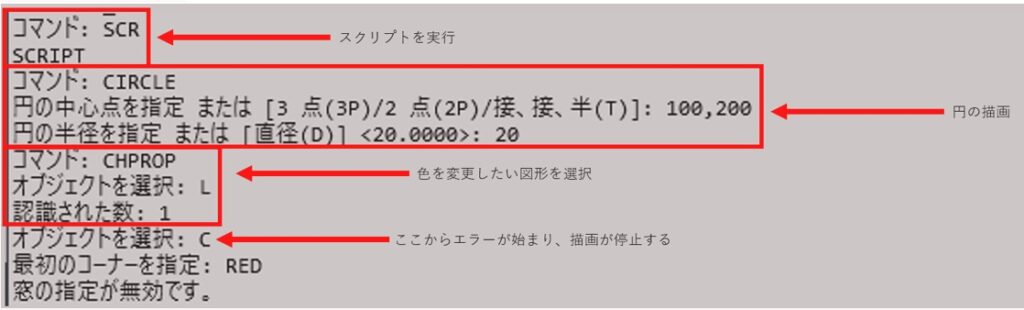 コマンドウィンドウに「オブジェクトを選択：C」や「最初のコーナーを選択：RED」など無効な指示がある