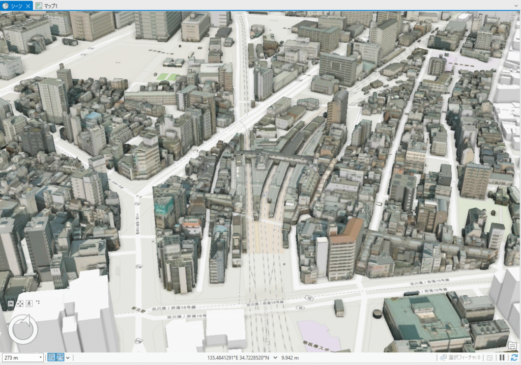 ArcGIS Proに読み込まれた大阪市の街並み2(十三付近)