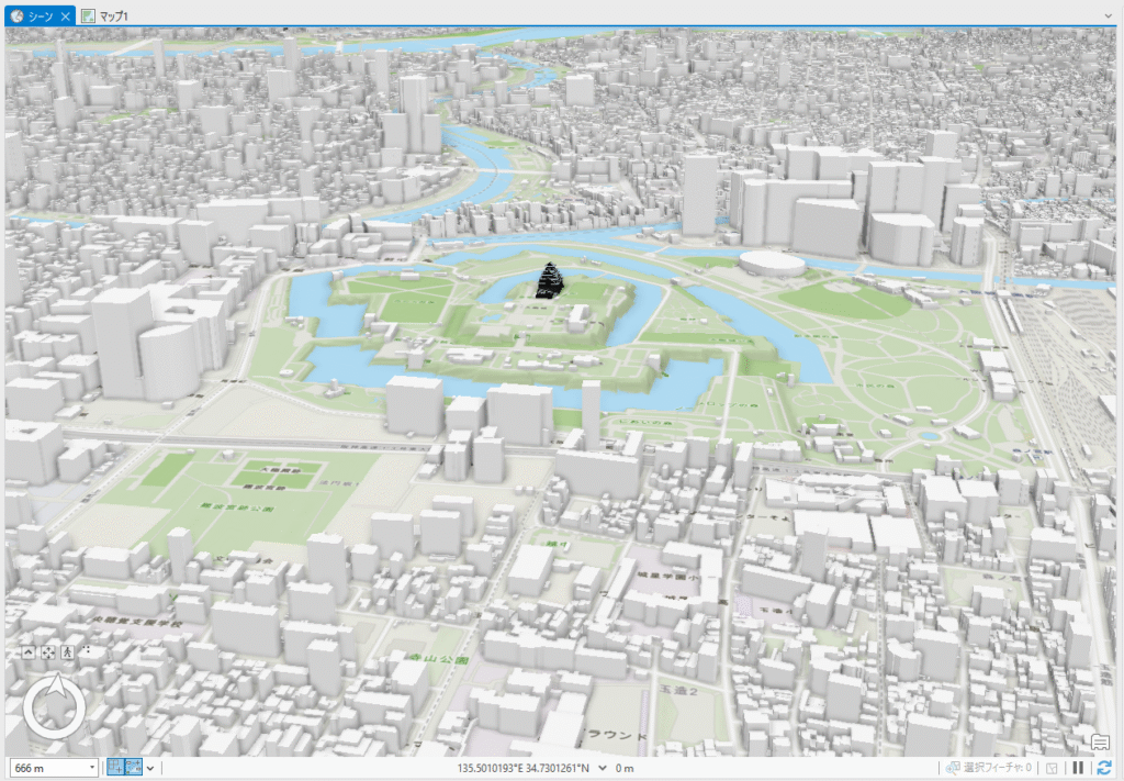 ArcGIS Proに読み込まれた大阪市の街並み3(大阪城周辺)
