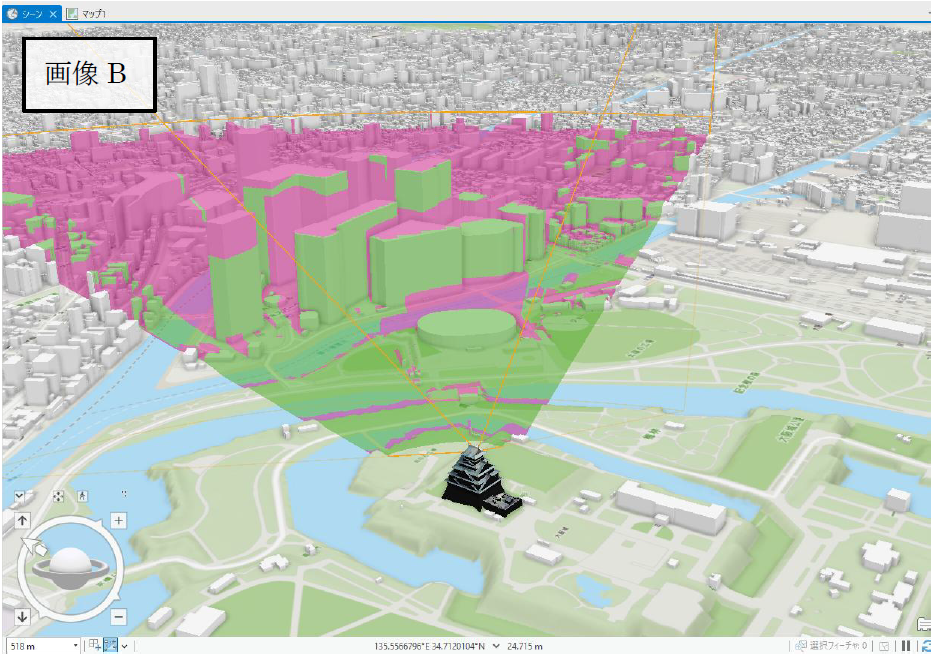 高層ビルが林立する大阪ビジネスパーク(OBP)方向に視線を移すと、建物に遮られて可視領域が近い範囲に限定されてしまう