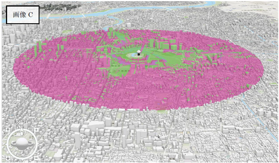 大阪城公園・桜之宮公園・難波宮跡といった視界が開けた場所からはよく視認できる一方で、建物の陰に入ってしまう場所では大阪城を見通すことは難しい