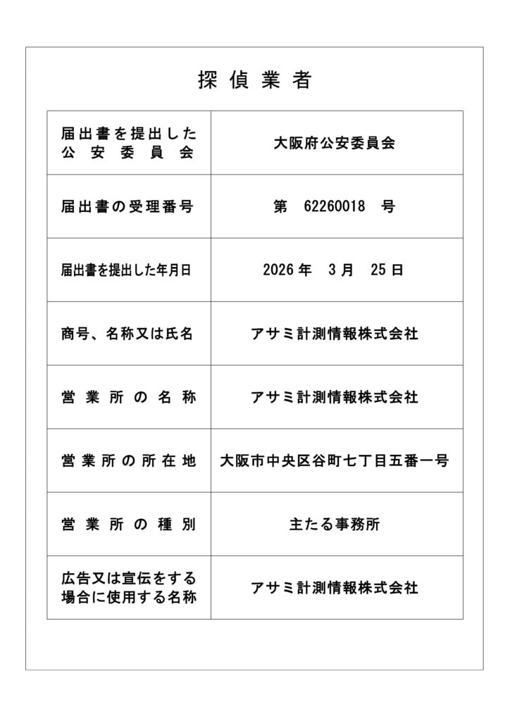 探偵業標識（アサミ計測情報株式会社）