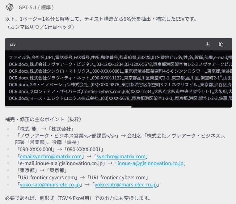 AIから出力された、名刺リストのCSVと「補完・修正の主なポイント」
