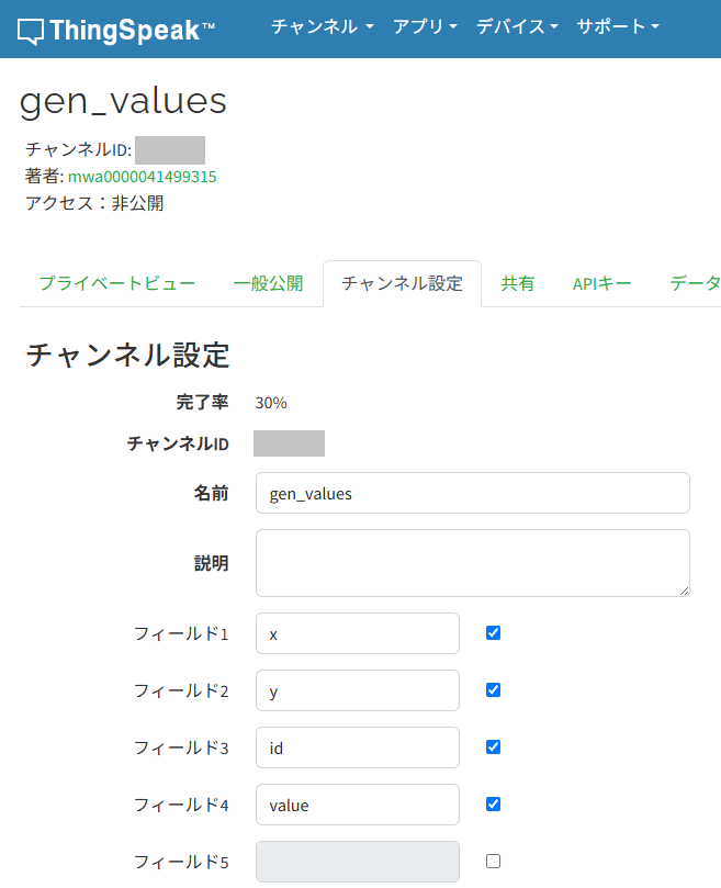 ThingSpeakの入力画面のキャプチャ